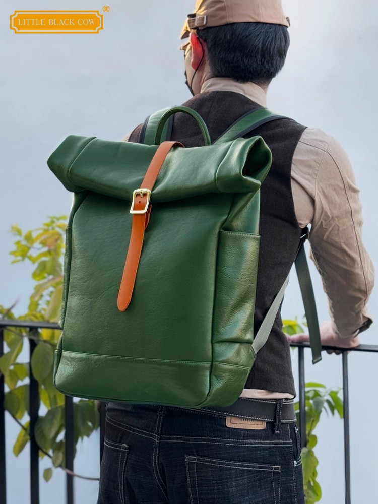 Genuine Leather Backpack - حقيبة ظهر رجالية كبيرة السعة من