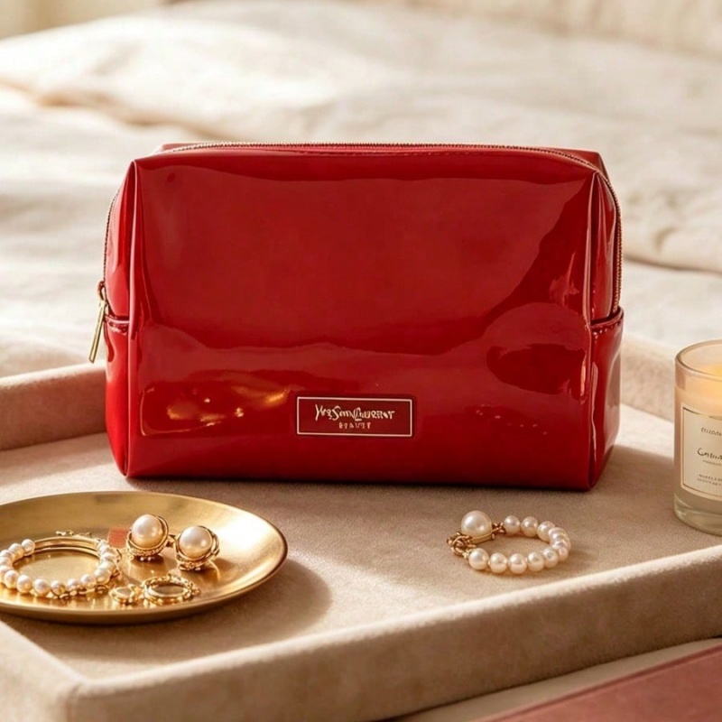 Luxury Bags With Zipper - حقيبة مكياج من الجلد الصناعي الأحمر
